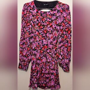 Zara - Black & Pink Fit & Flare Mini Floral Dress - Medium